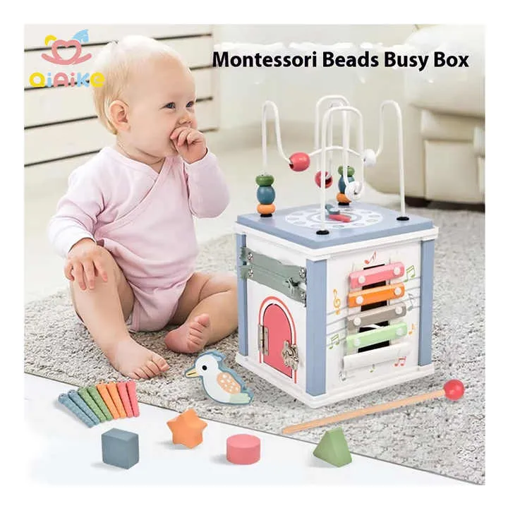 حبات مكعبات نشاط مونتيسوري ألعاب متعددة الوظائف خشبية تعليمية للأطفال Montessori Activity Cube Beads Multifunctional Wooden Educational Toys for Children