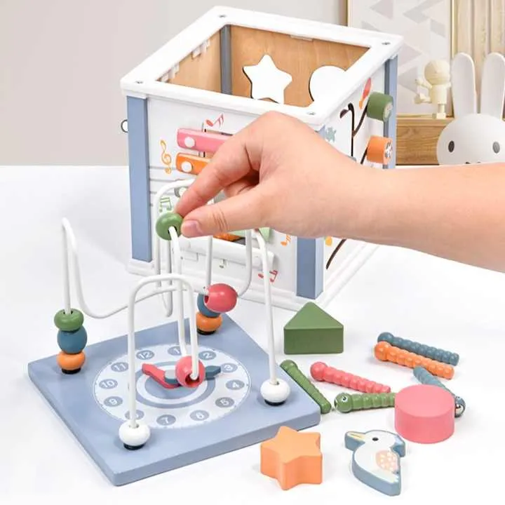 حبات مكعبات نشاط مونتيسوري ألعاب متعددة الوظائف خشبية تعليمية للأطفال Montessori Activity Cube Beads Multifunctional Wooden Educational Toys for Children