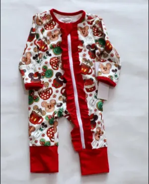 $16.00 EA- 0-3M X 1, 3-6M X 2, 6-12M X 2, 12-24M X 2  - Christmas Girls Ruffle Zippies Sleepers - Red Hot Chocolate