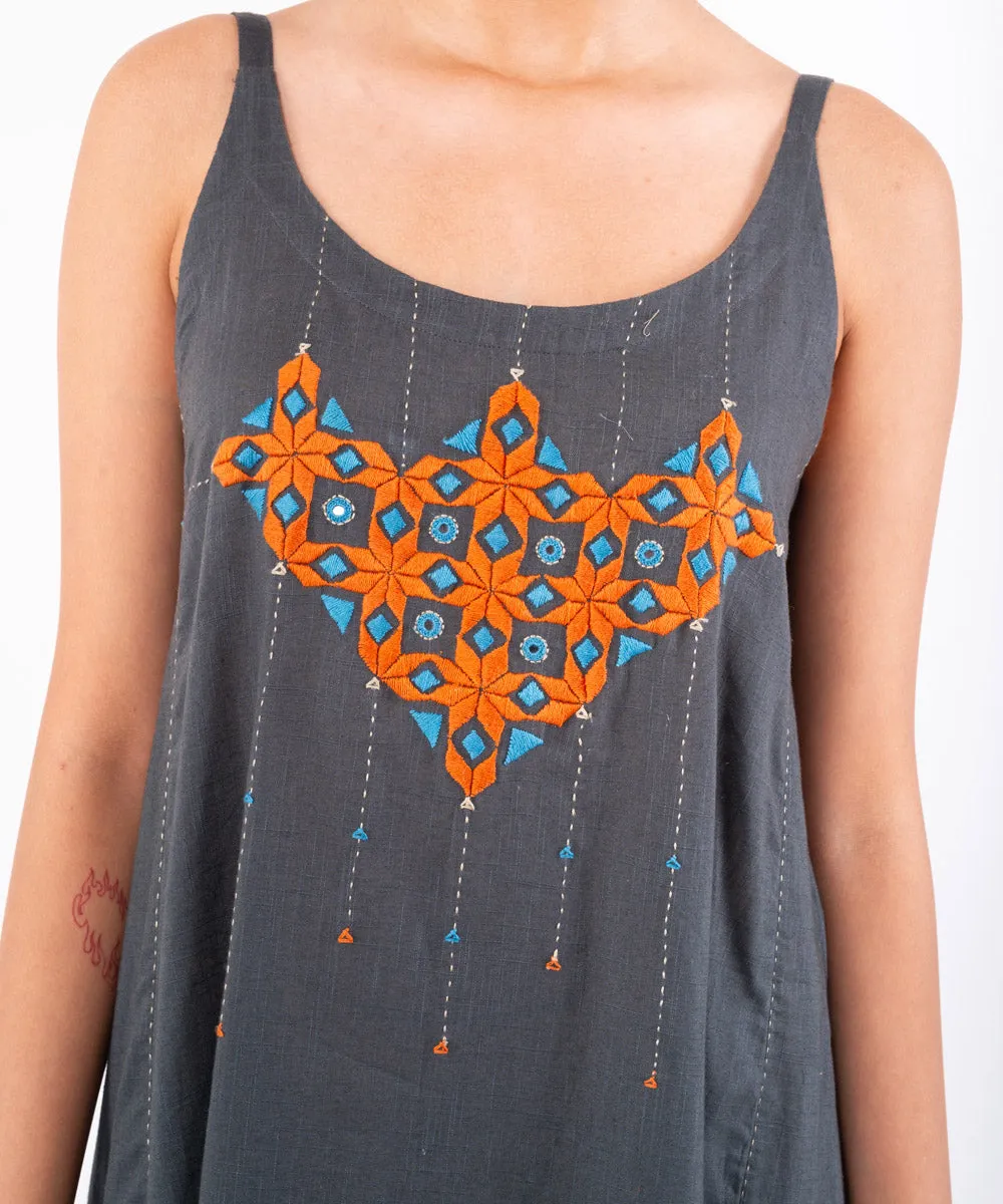Charcoal hand embroidered cotton midi dress