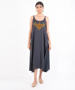 Charcoal hand embroidered cotton midi dress