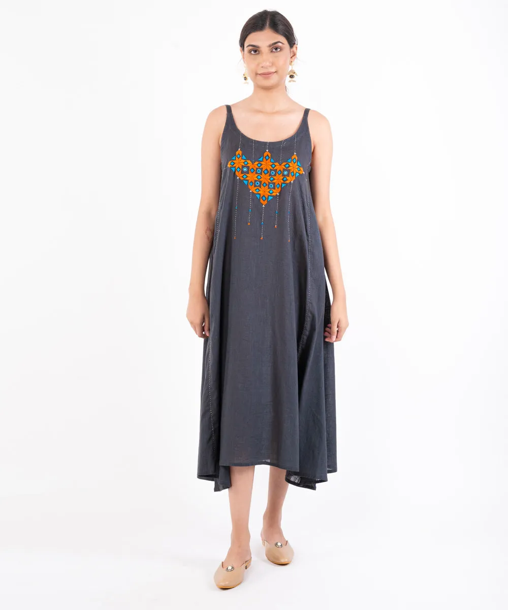 Charcoal hand embroidered cotton midi dress