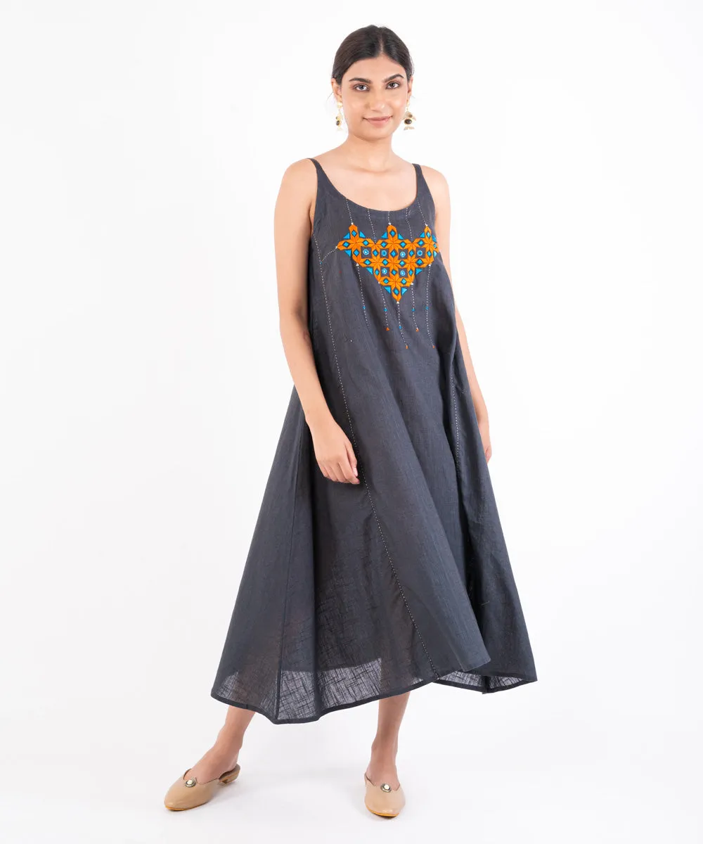 Charcoal hand embroidered cotton midi dress