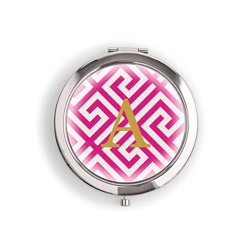 Designer Compact Mirror - Monogram on Greek Key Print Gold Tangerine Orange