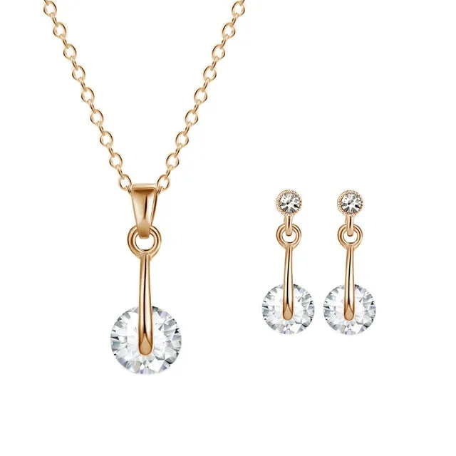 High Quality 2pcs Necklace Earring Jewelry Set Gold Color Alloy Round Crystal Women Jewelry Sets