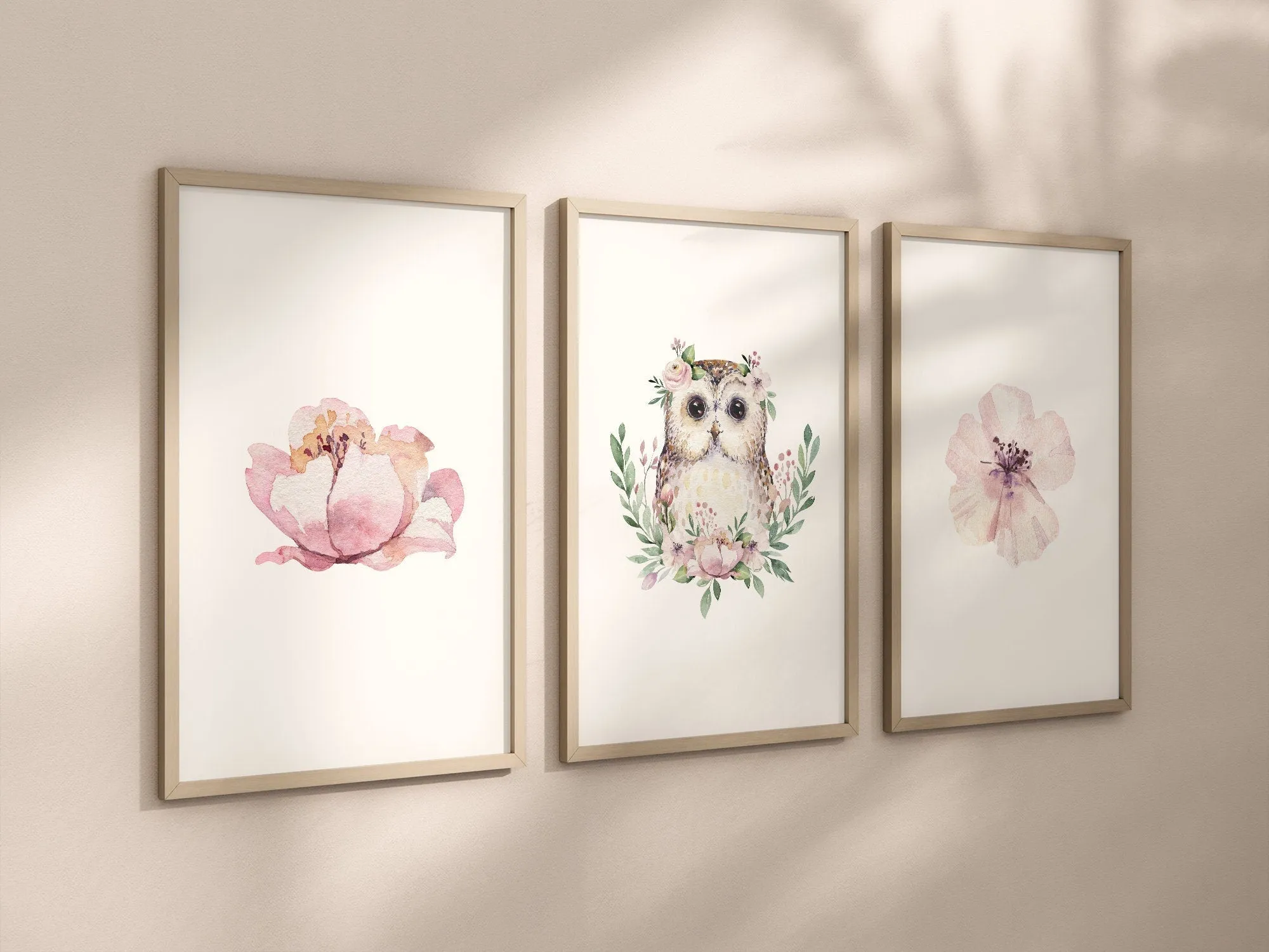 Owl Pink Floral Set of 3 Nursery Art Prints, Girl Nursery Wall Art, Owl Nursery Decor, Play Room, Girl Baby Room Ideas, Kids room, 012