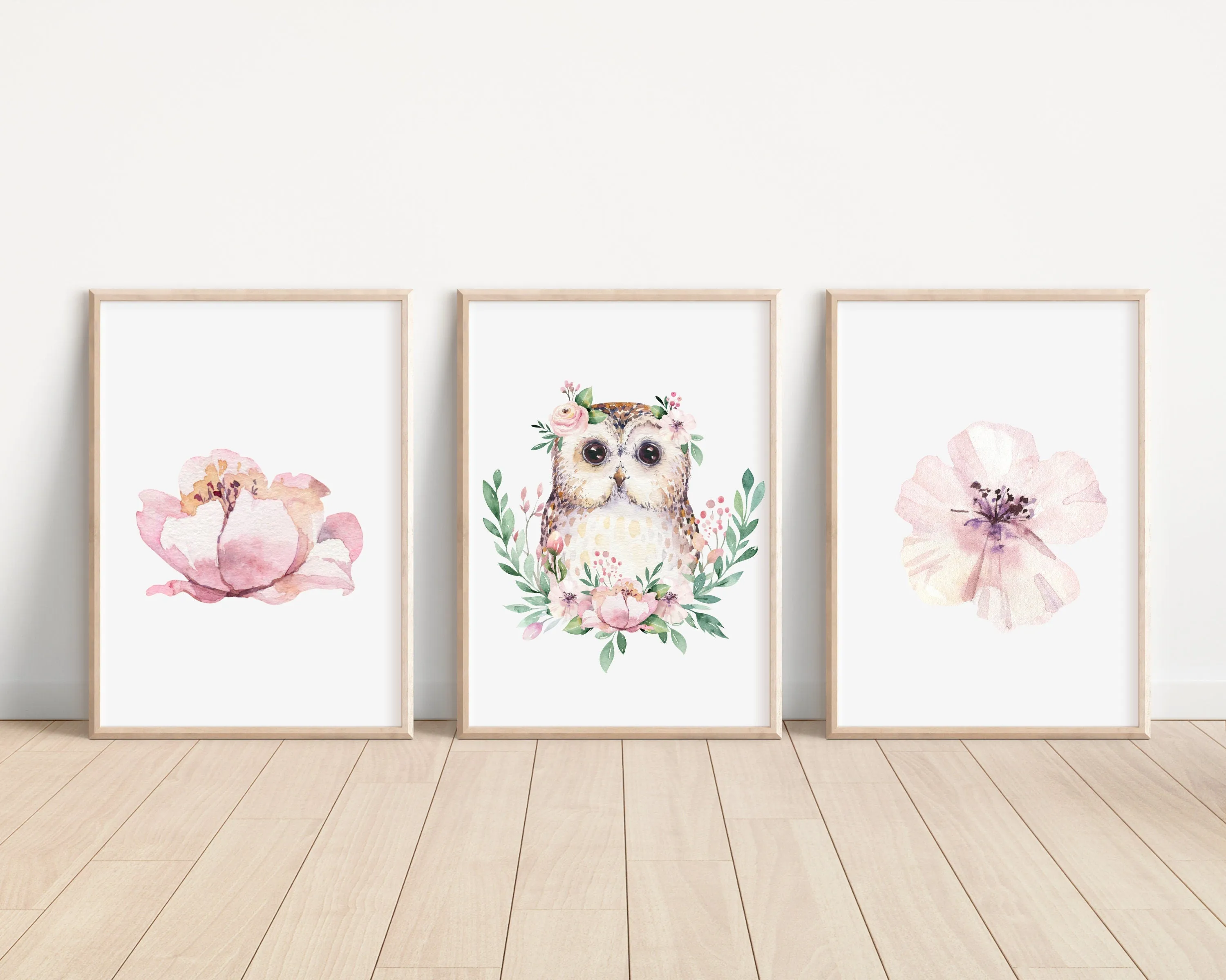 Owl Pink Floral Set of 3 Nursery Art Prints, Girl Nursery Wall Art, Owl Nursery Decor, Play Room, Girl Baby Room Ideas, Kids room, 012