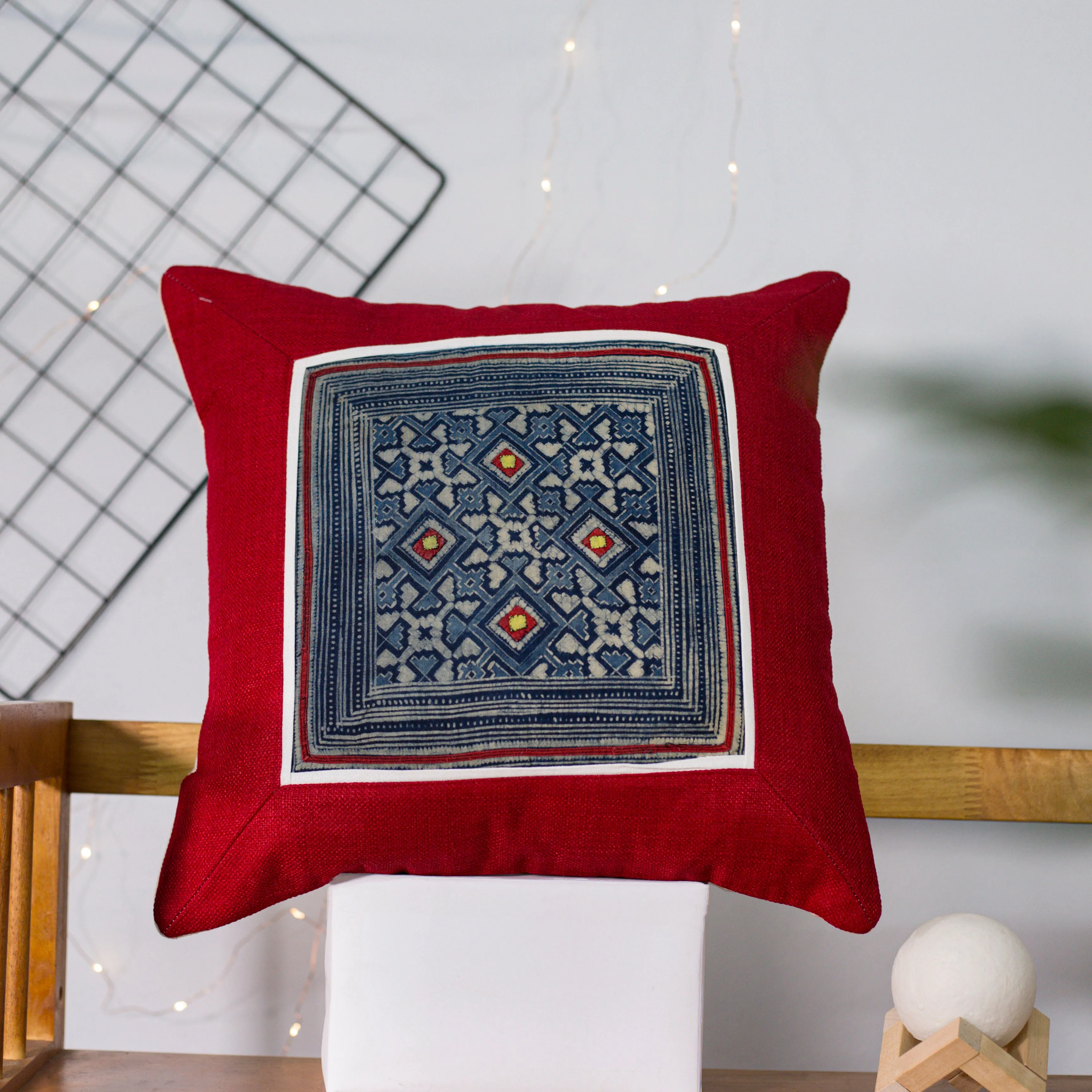 Unique pattern, Red Cushion Cover, H'mong vintage cloth, batik painting pattern